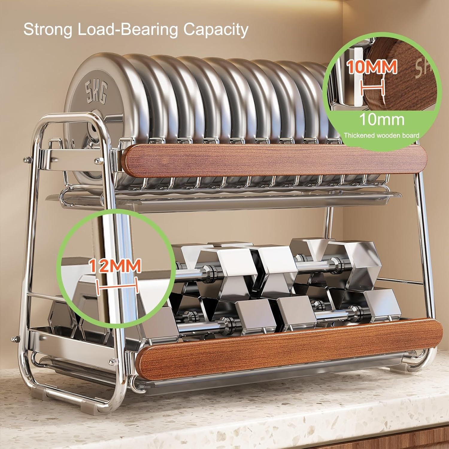 Escurridor de platos con parte superior de madera, organizador de encimera de cocina de acero inoxidable, escurridor de gran capacidad con soporte desmontable para cubiertos