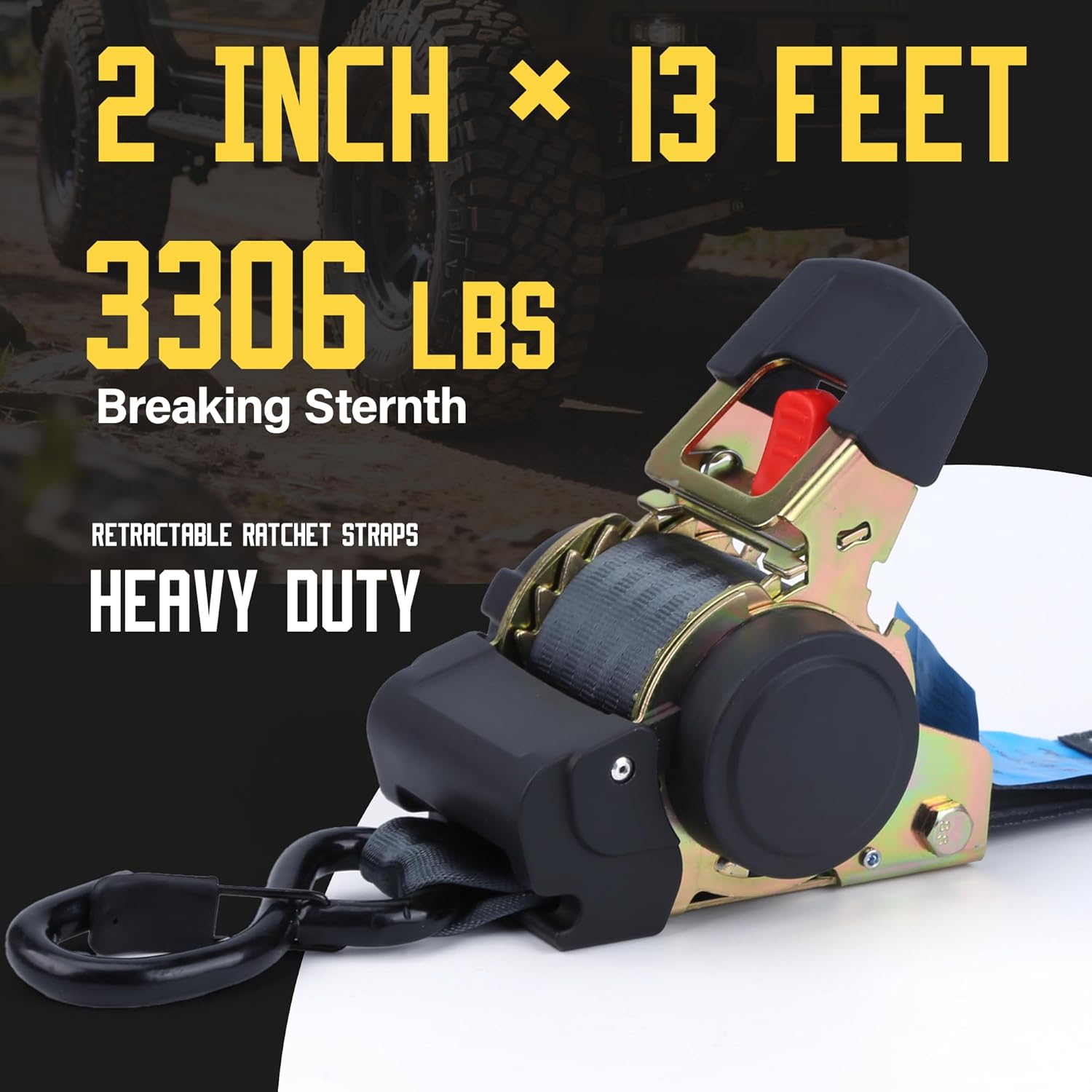 Retractable Ratchet Straps, 2 inch x 13 Feet Heavy Duty Auto Self Retracting Ratchet Strap 3306 lb Break Strength, Tie Down Quick Easy Retract Strap for Truck Motorcycle Cargo Trailer, 2 Pack