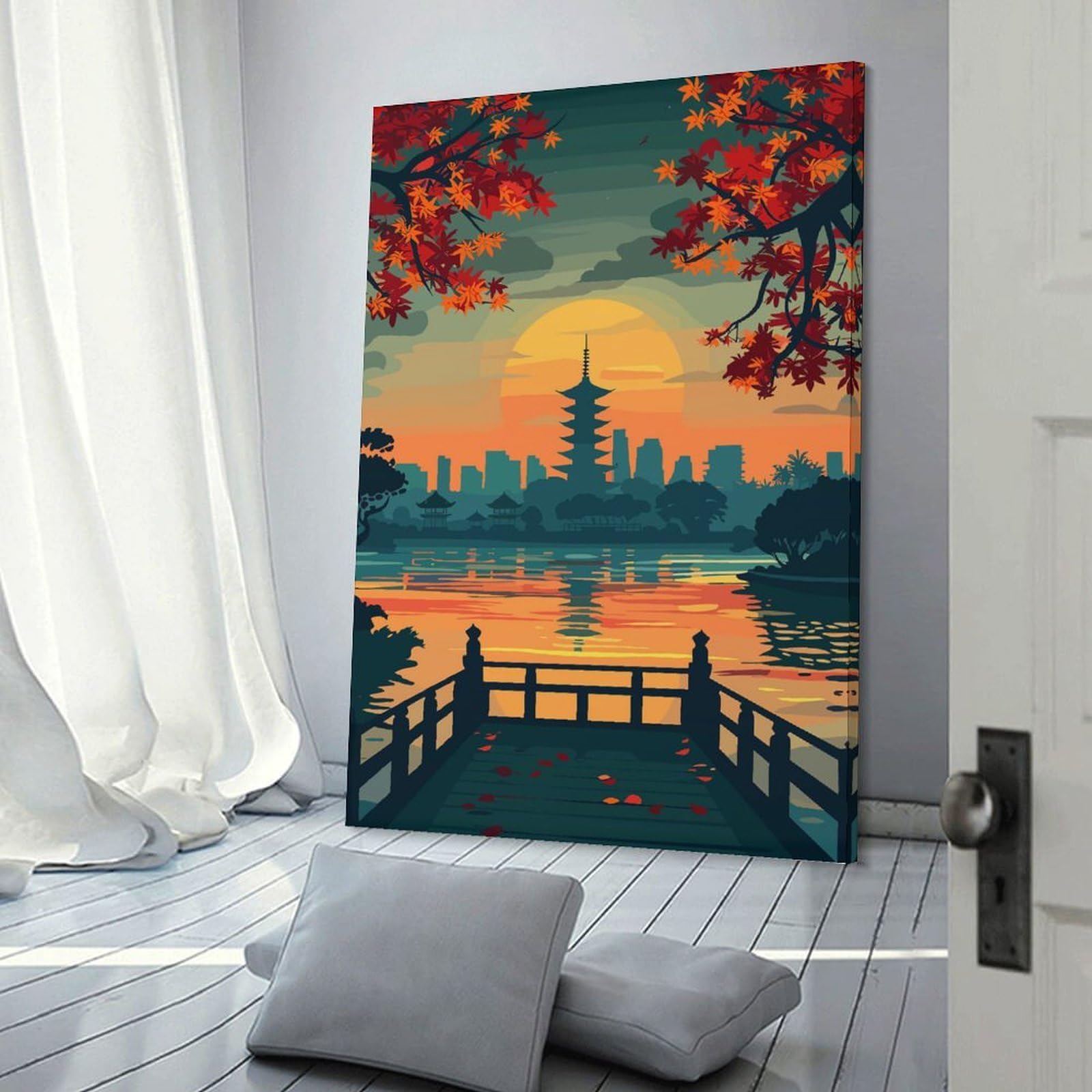 Junmoney Japanese Pagoda Sunset Landscape Illustration Home Decor Wall Art 16x24inch(40x60cm), for Office, Study Or Home Workspace, Home Office Artwork with Decorative Appeal