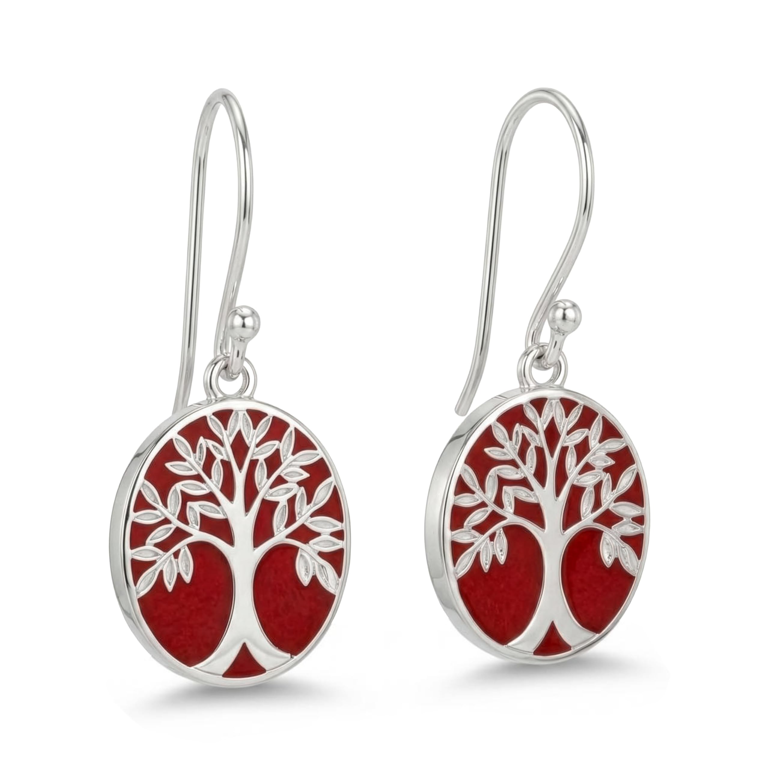 Aden Boucles Oreilles Argent 925 Corail Rouge Arbre Vie Ovale Crochet