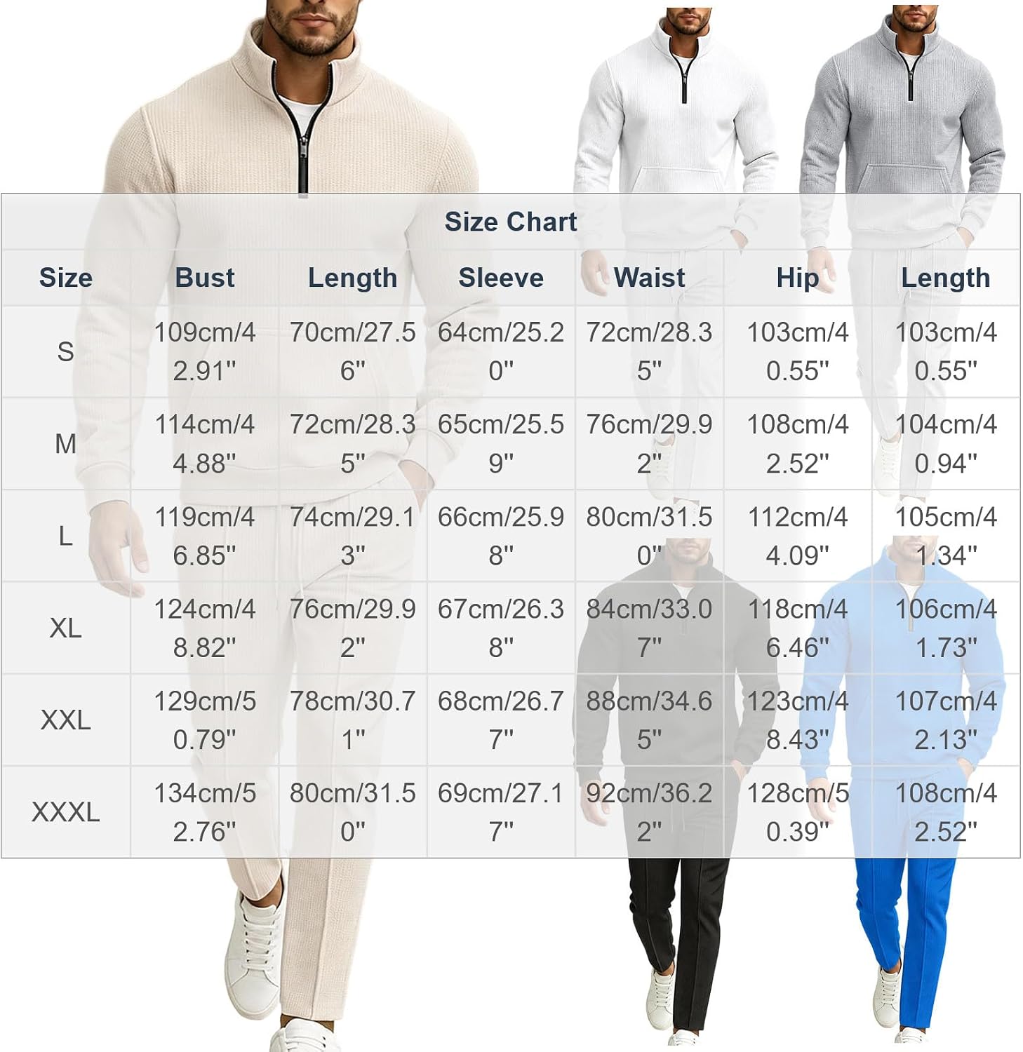 Men's Waffle Knit Quarter Zip Set Jogger Pants Casual Tracksuit