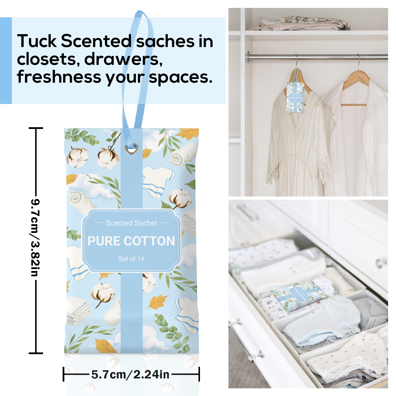 SCENTORINI Sachets Parfumés Coton Frais pour Tiroirs, Armoires, et Garde-Robes, 10g x 14 Sachet pour Armoires, Tiroirs à Chaussures