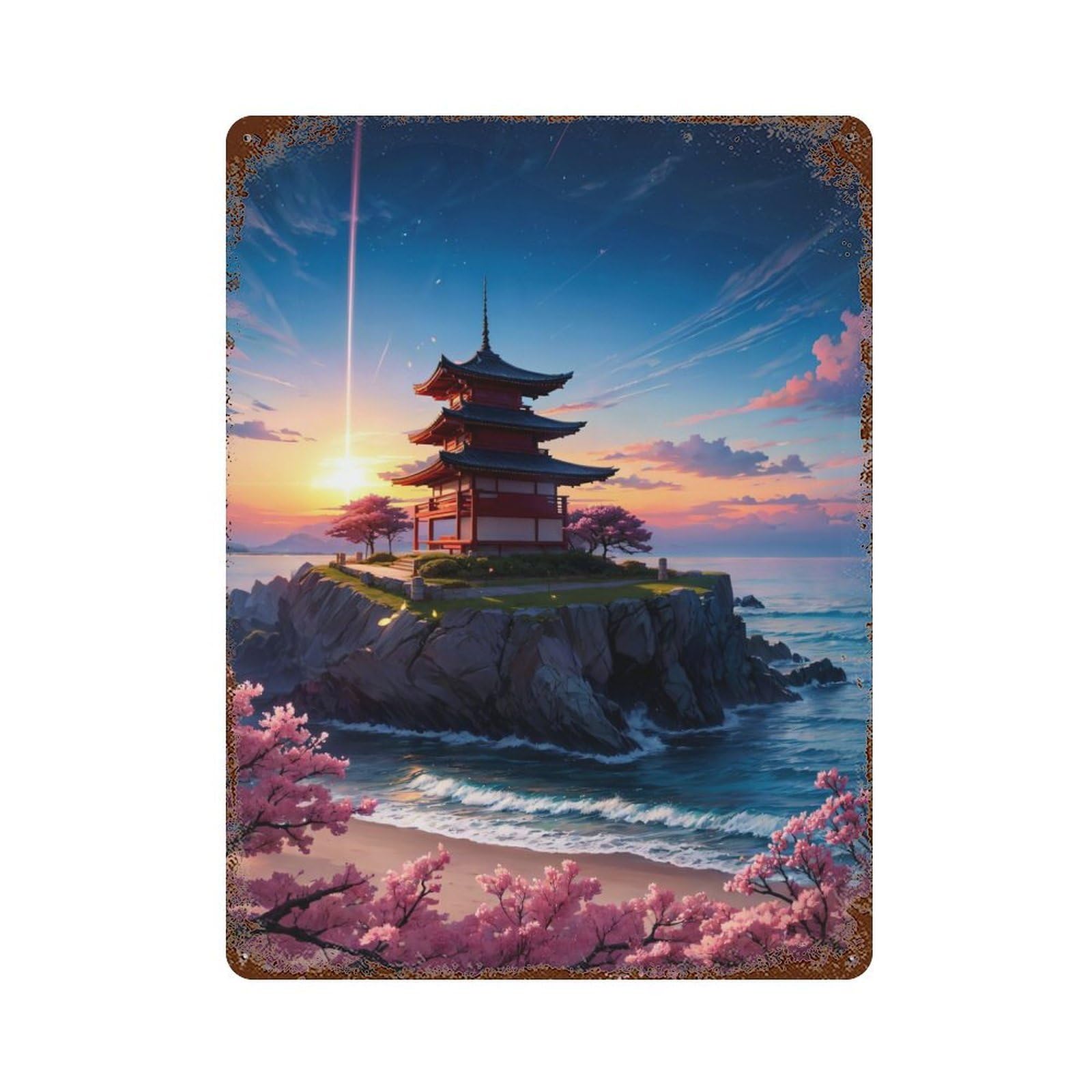 Sakura Japan Pagoda 15.7"x11.8" Distressed Metal Wall Sign, Shabby Chic Decor for Office, Studio And Wall Decor