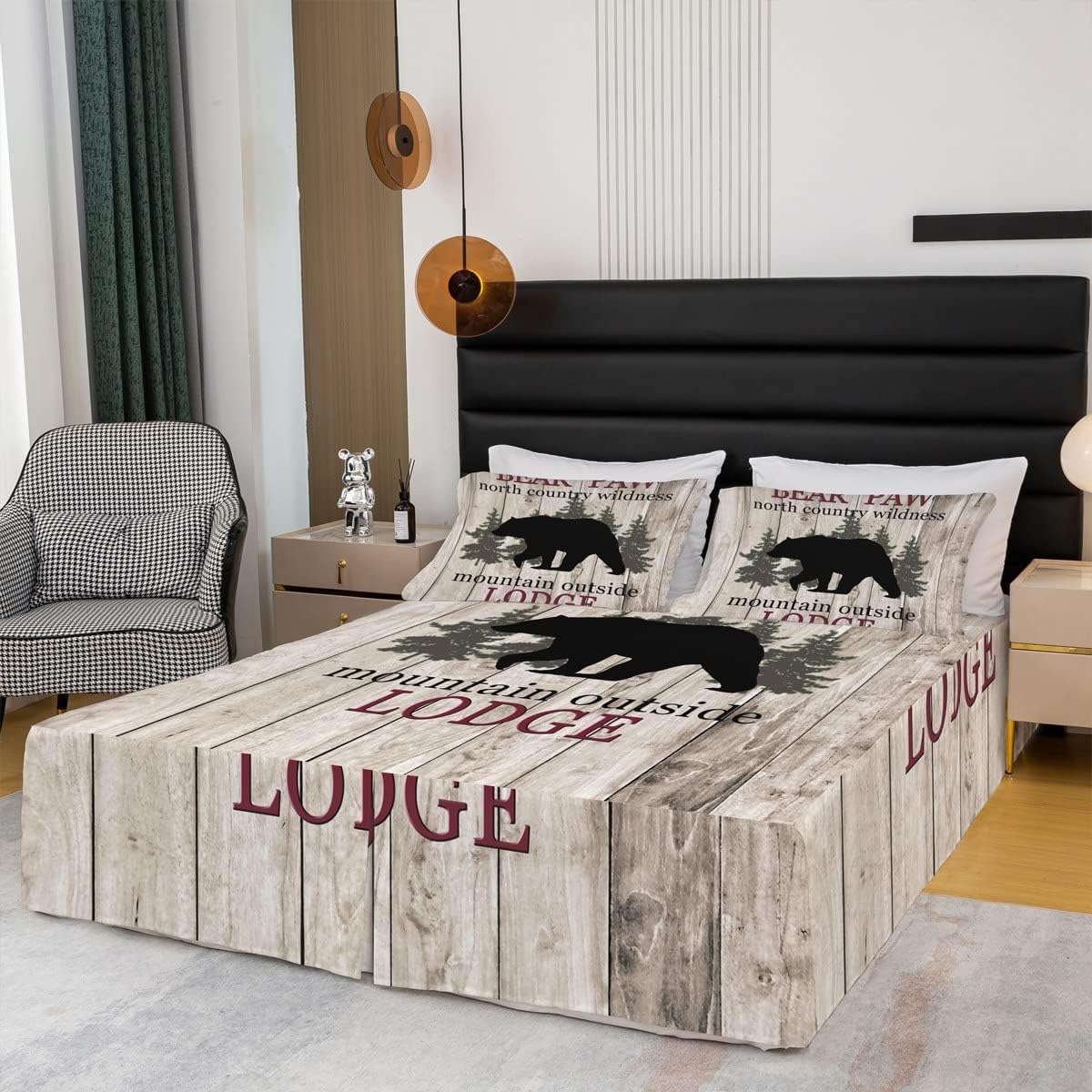 Rustic Lodge Kids Bed Skirt King Size,Bear Pine Trees Wild Animals Hunting Bedskirt,Boys Girls Adults Room Decor,Vintage Wooden Plank Bed Wrap Bedding,Farmhouse Fitted Sheet,2 Pillowcases