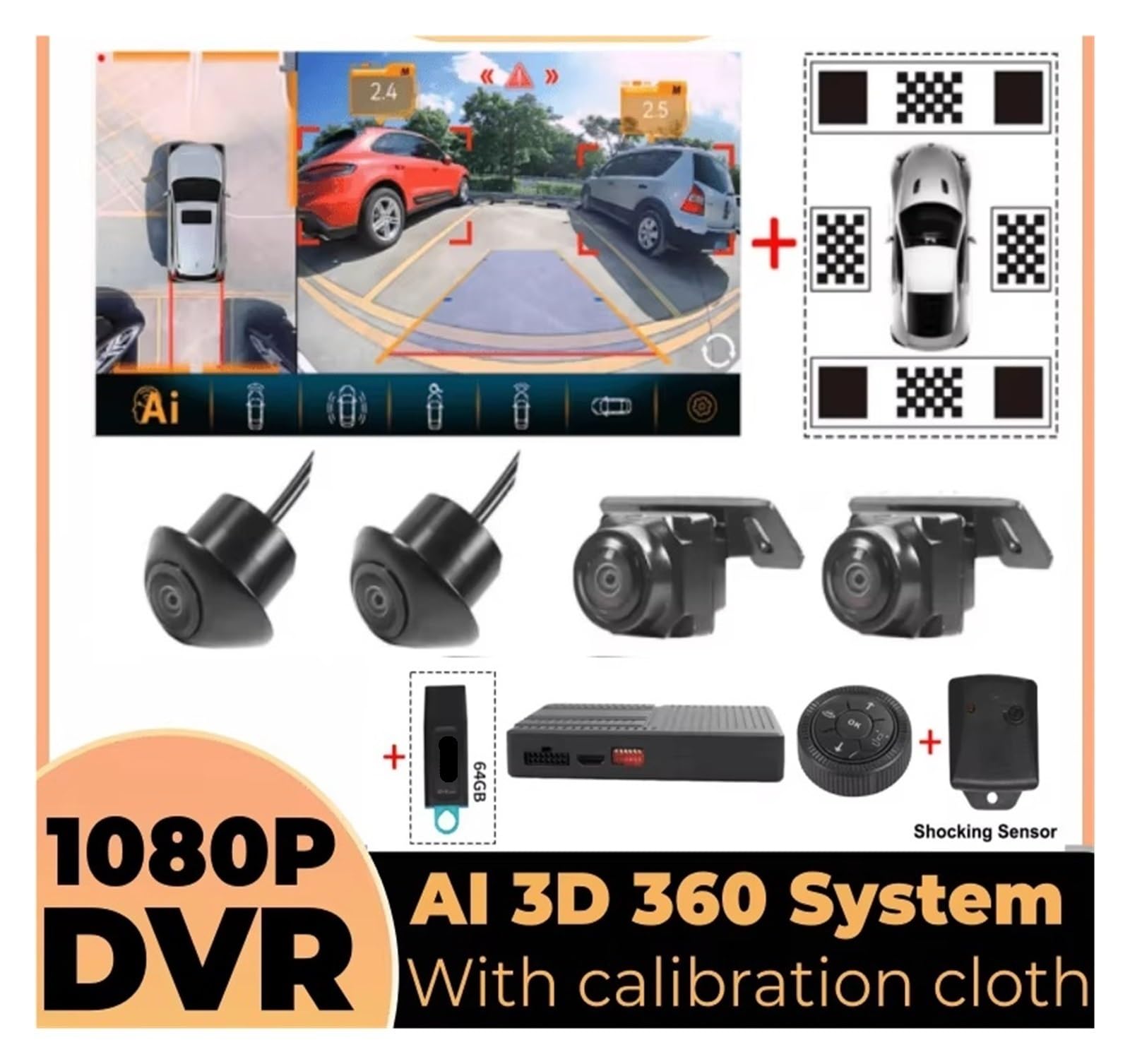 Rückkamera Für Android Radio Car 3D Ai 360 Surround View Vogelansicht Kamera Mit Kalibrierungstuch / 64G USB/Schocksensor Rückfahrkamera