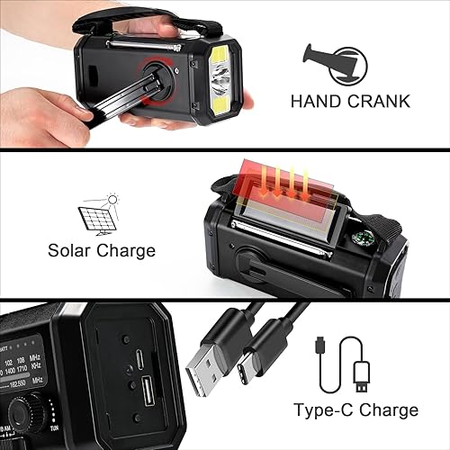 Miniatura 3 de Radio meteorológica de emergencia de 10000 mAh, radio portátil de supervivencia con pilas FMAMNOAA y banco de energía, cargador solarmanivelatipo C,