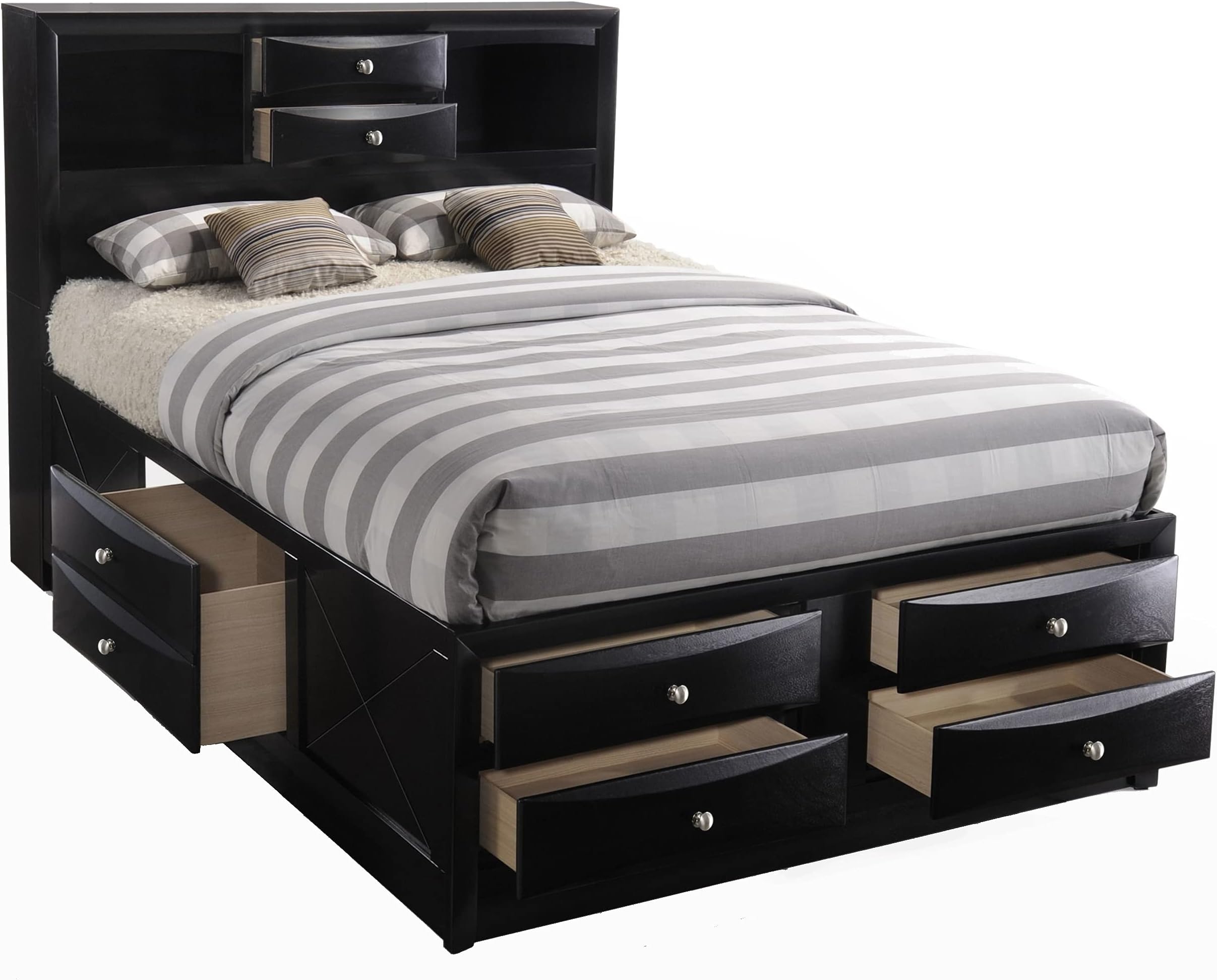 HABITRIO Queen Bed with Storage, Solid Wood Queen Size Bed Frame with Headboard (2 Bookcase, 2 Drawers), Footboard (4 Drawers), Rail with 2 Drawers, Wooden Slat, No Box Spring Needed, Black