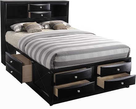 Queen Bed with Storage, Solid Wood Queen Size Bed Frame with Headboard 2 Bookcase, 2 Drawers, Footboard 4 Drawers, Rail with 2 Drawers, Wooden Slat, No Box Spring Needed, Black