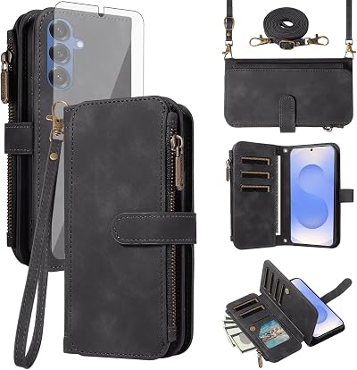 Asuwish Phone Case for Samsung Galaxy S25 5G Zipper Wallet Cell Cover with Tempered Glass Screen Protector Crossbody Wrist Strap Flip Credit Card Holder Slot S 25 25S 25 25S SM-S931U Women Men Black