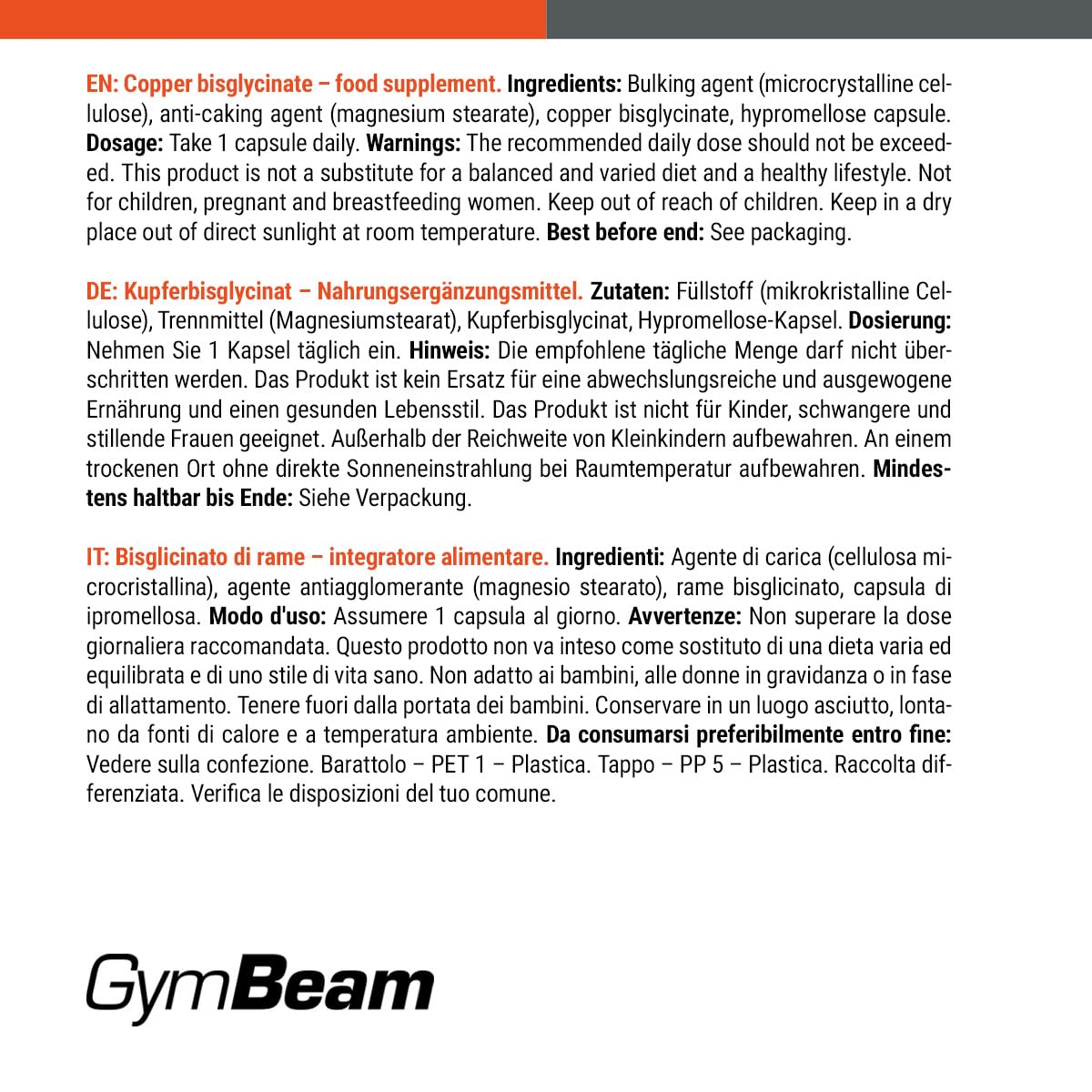 GymBeam Integratore di Rame - Bisglicinato di Rame ad alta assorbibilità, 1mg per Porzione, Sostiene Sistema Immunitario e Nervoso 120 Capsule