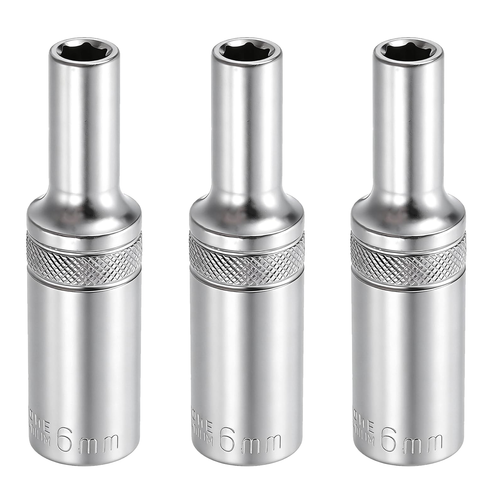 sourcing map 3pcs 6 Points Deep Socket 3/8" Drive 6mm Deep Metric CR-V Steel Polished Nickel Plating Impact Sockets 64mm / 2.5" Long Flip Sleeve Tool for Home Auto Nuts Bolts Repair