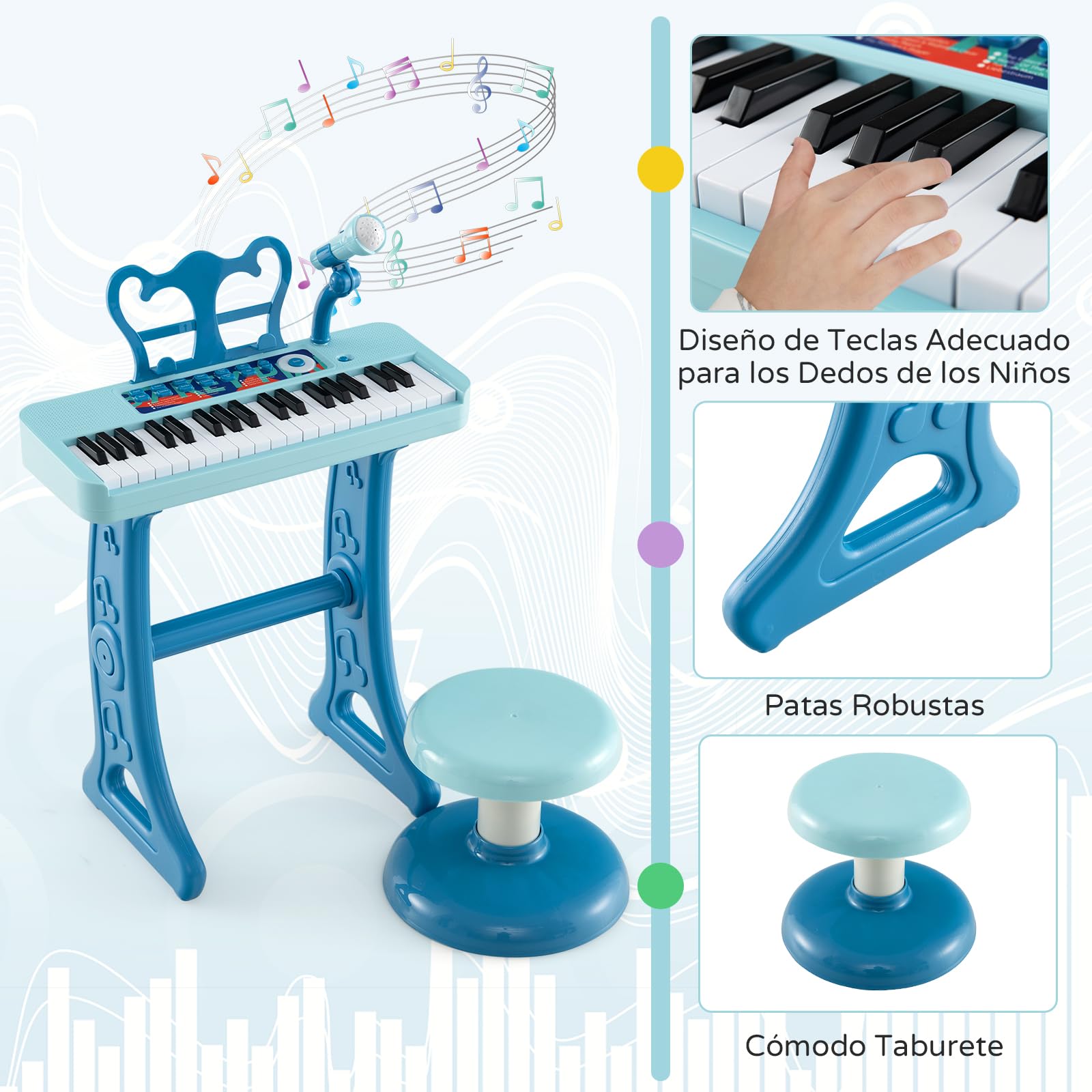 RELAX4LIFE Piano Infantil 37 Teclas con Micrófono, Taburete, Atril, Grabación y Reproducción, Volumen Ajustable, Karaoke Infantil con 22 Canciones, 4 Ritmos, 4 Instrumentos para Niños 3+ Años (Azul)