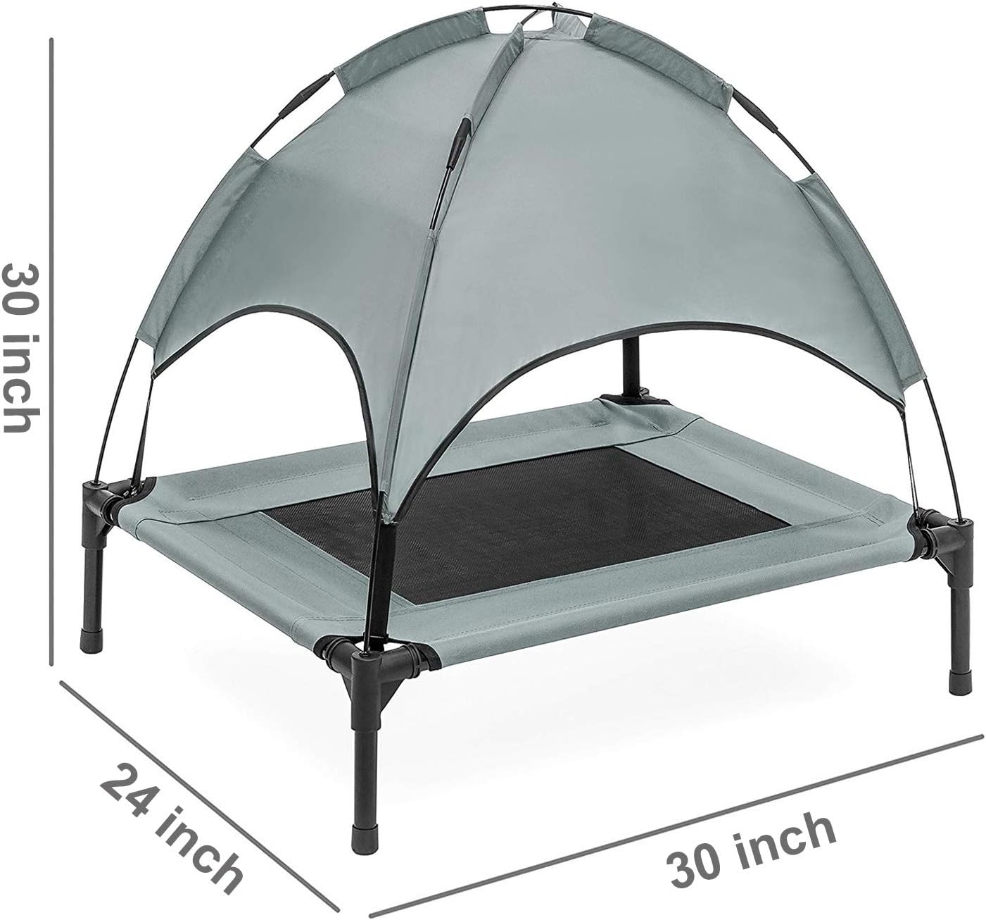 Reliancer Large 30" Elevated Dog Cot with Canopy Shade 1680D Oxford Fabric Outdoor Pet Cat Cooling Bed Tent w/Convenient Carrying Bag Indoor Sturdy Steel Frame Portable for Camping Beach (30, Grey)