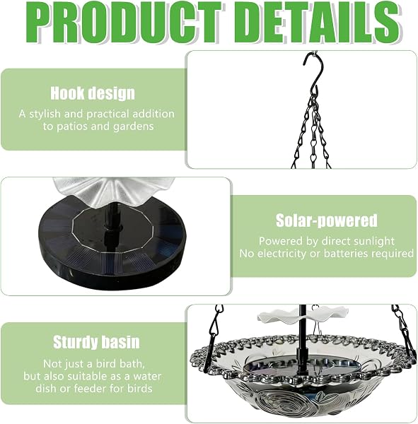 Gartendeko Vogeltränke Hängend Solarbrunnen mit Haken Springbrunnen Solar Vogeltränke Winterfest Metall Vogelbad Garten Futterspender Vögel für Vögel Outdoor 23,5X46cm (D) - 4