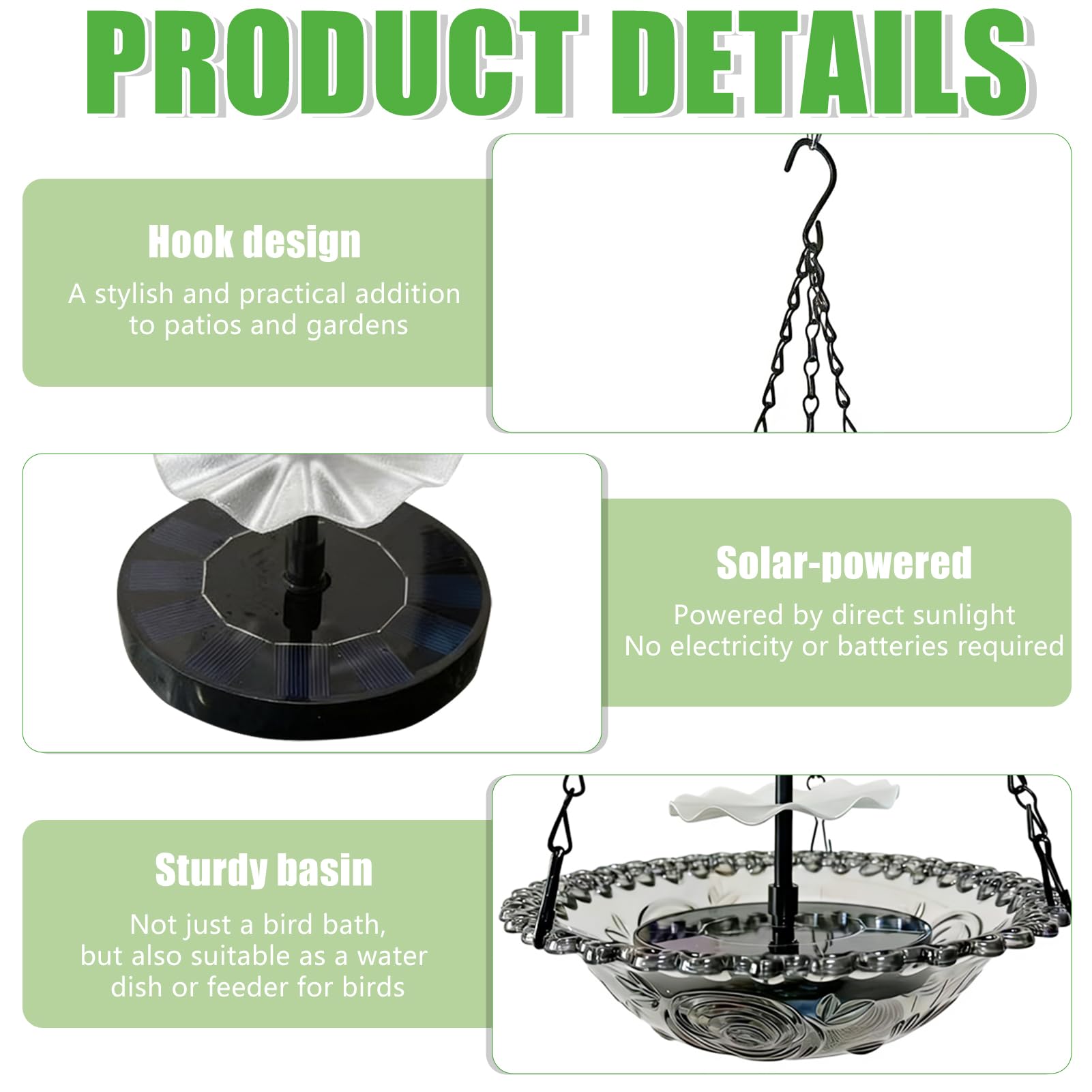 Gartendeko Vogeltränke Hängend Solarbrunnen mit Haken Springbrunnen Solar Vogeltränke Winterfest Metall Vogelbad Garten Futterspender Vögel für Vögel Outdoor 23,5X46cm (D) - 4