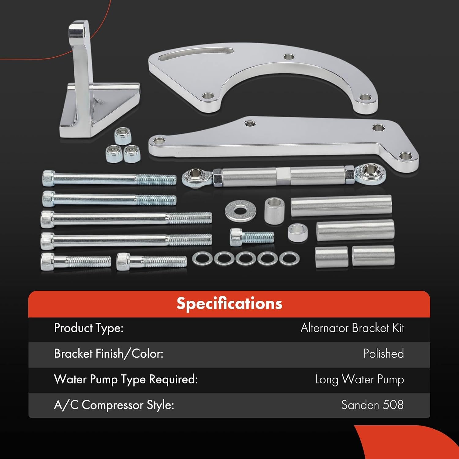 A-Premium Polished Aluminum A/C Compressor Bracket Kit | Compatible with Chevy Small Block Engine 4.3L 6.6L, with Long Water Pump