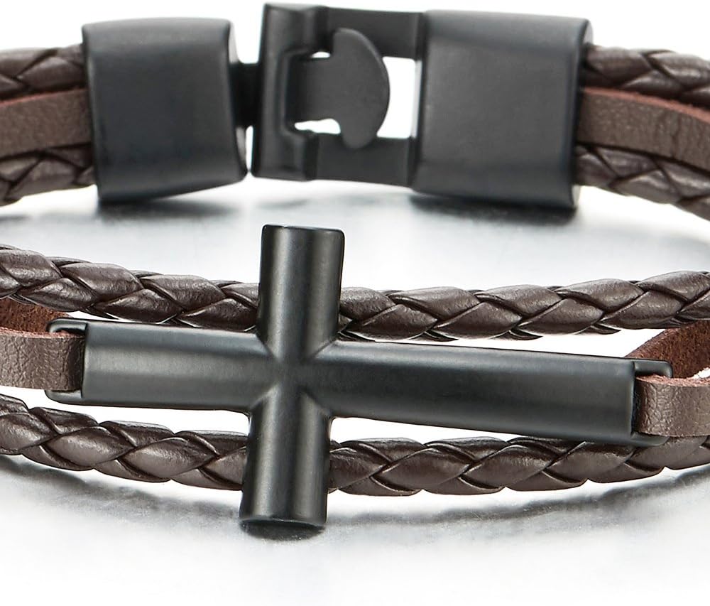 COOLSTEELANDBEYOND Unisex Braided Leather Bracelet, Black Sideways Cross Stainless Steel Wristband, Religious Jewelry Gift - Image 2
