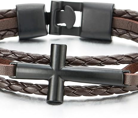 COOLSTEELANDBEYOND Unisex Braided Leather Bracelet, Black Sideways Cross Stainless Steel Wristband, Religious Jewelry Gift