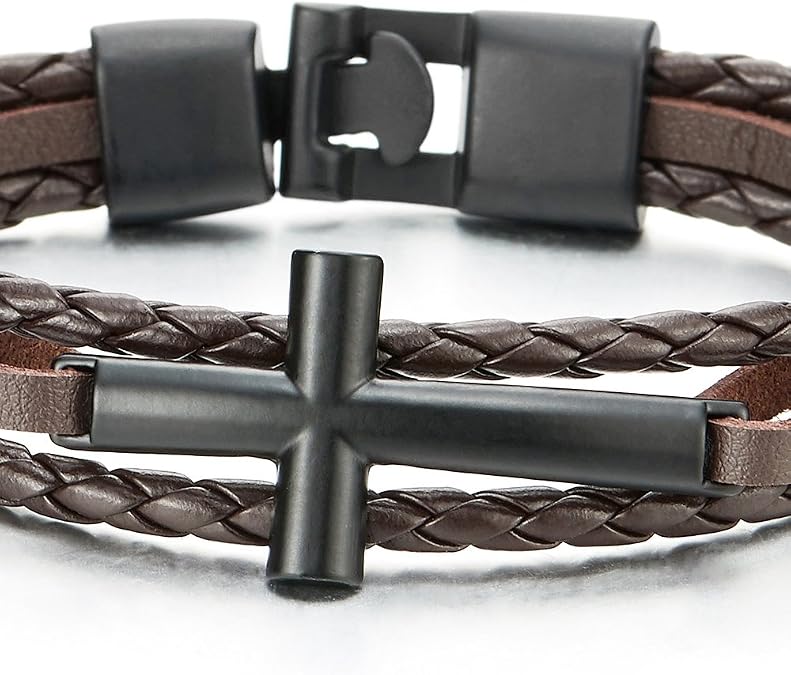 COOLSTEELANDBEYOND Unisex Braided Leather Bracelet, Black Sideways Cross Stainless Steel Wristband, Religious Jewelry Gift