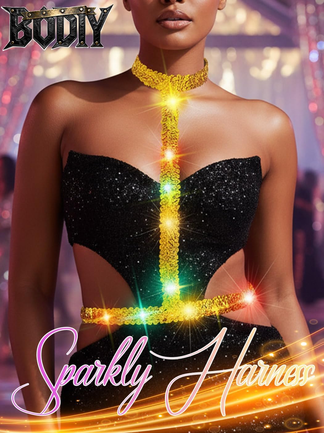 BODIY light Up Chest Harness Sparkly Gold Sequin Chest Belt Leather Body Harness for Women