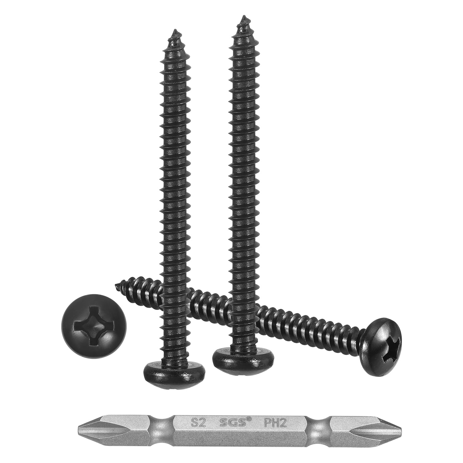 METALLIXITY Phillips Pan Head Self Tapping Screws(#10x2") 75Pcs, 304 Stainless Steel Self Drilling Screw for Metal Wood Plastic with Bit, for Cabinet Wall Shutter Plate Rock Furniture, Black