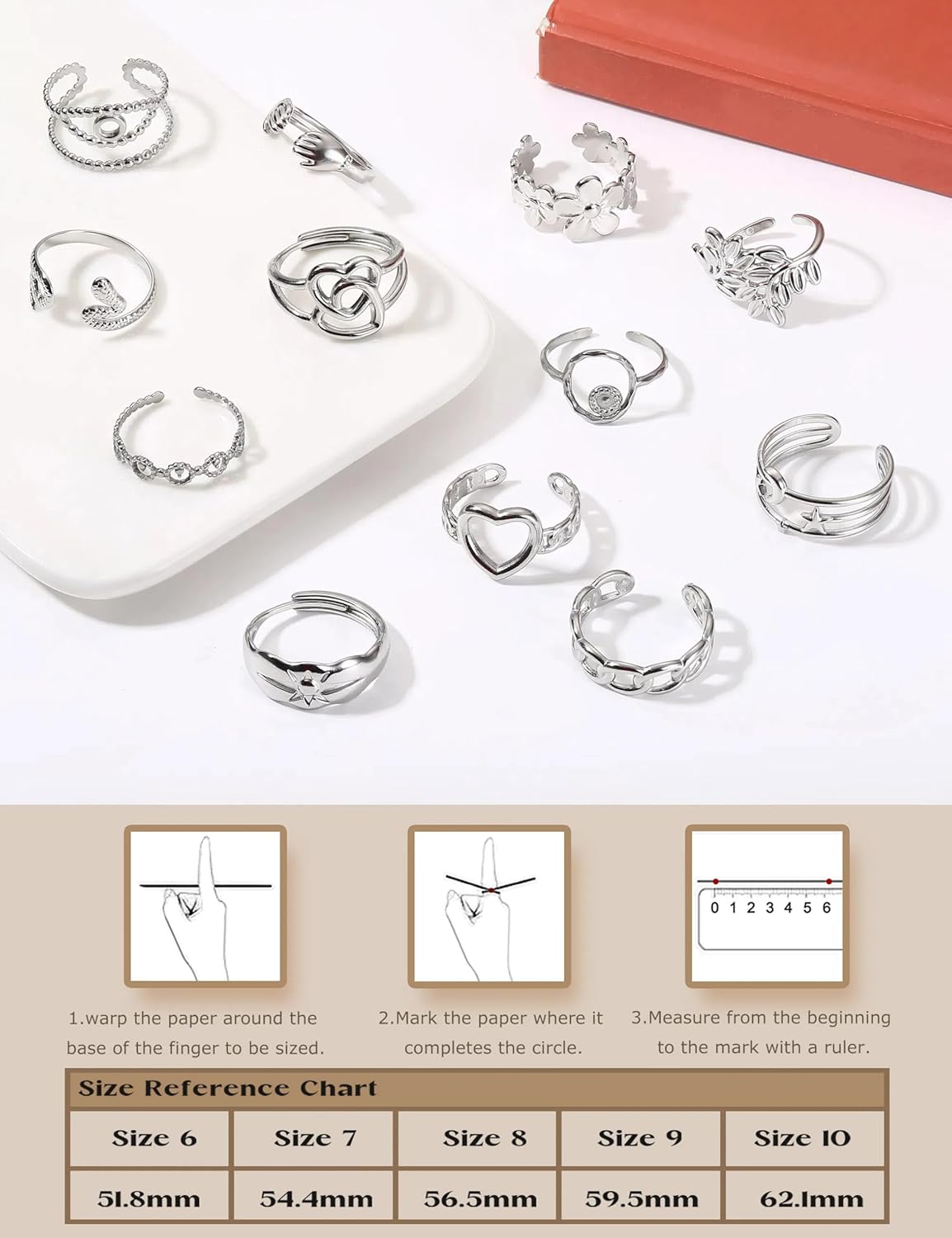 Subiceto 12Pcs Stainless Steel Rings for Women Silver Plated Aesthetic Jewelry Rings Adjustable Open Stackable Rings Trendy Knuckle Thumb Finger Rings Size 6-9 Indie Rings - Image 6