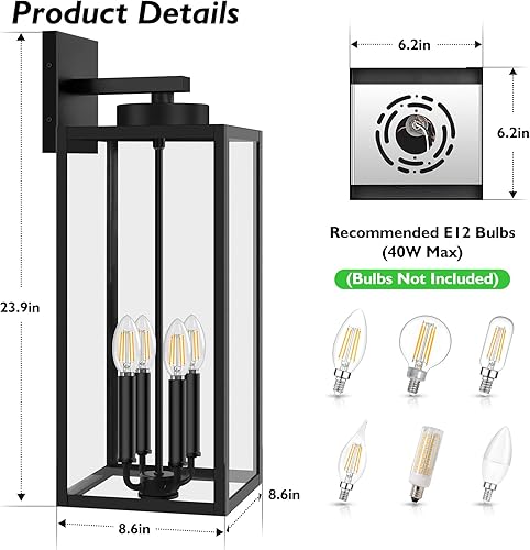 Vista 14 de BesLowe Lámpara de pared para exteriores, linterna de pared exterior, impermeable, aplique de porche exterior negro con acabado negro mate