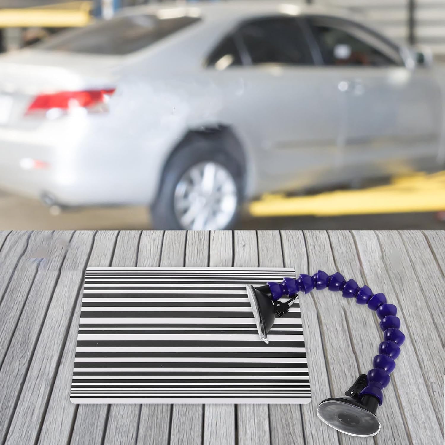 Reflector Line Board Dent Puller Kit with Black and White Striped Board and Blue Holder for Car Body Dent Removal and Hail Damage Repair Tools