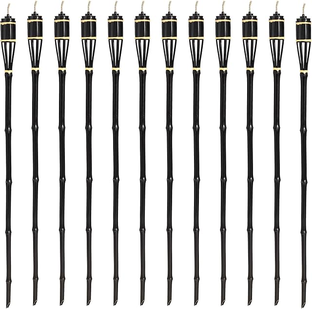 Harbour Housewares 12x Black 114cm Garden Fire Bamboo Tiki Torch Oil Paraffin Outdoor Candle Flames Lantern Light