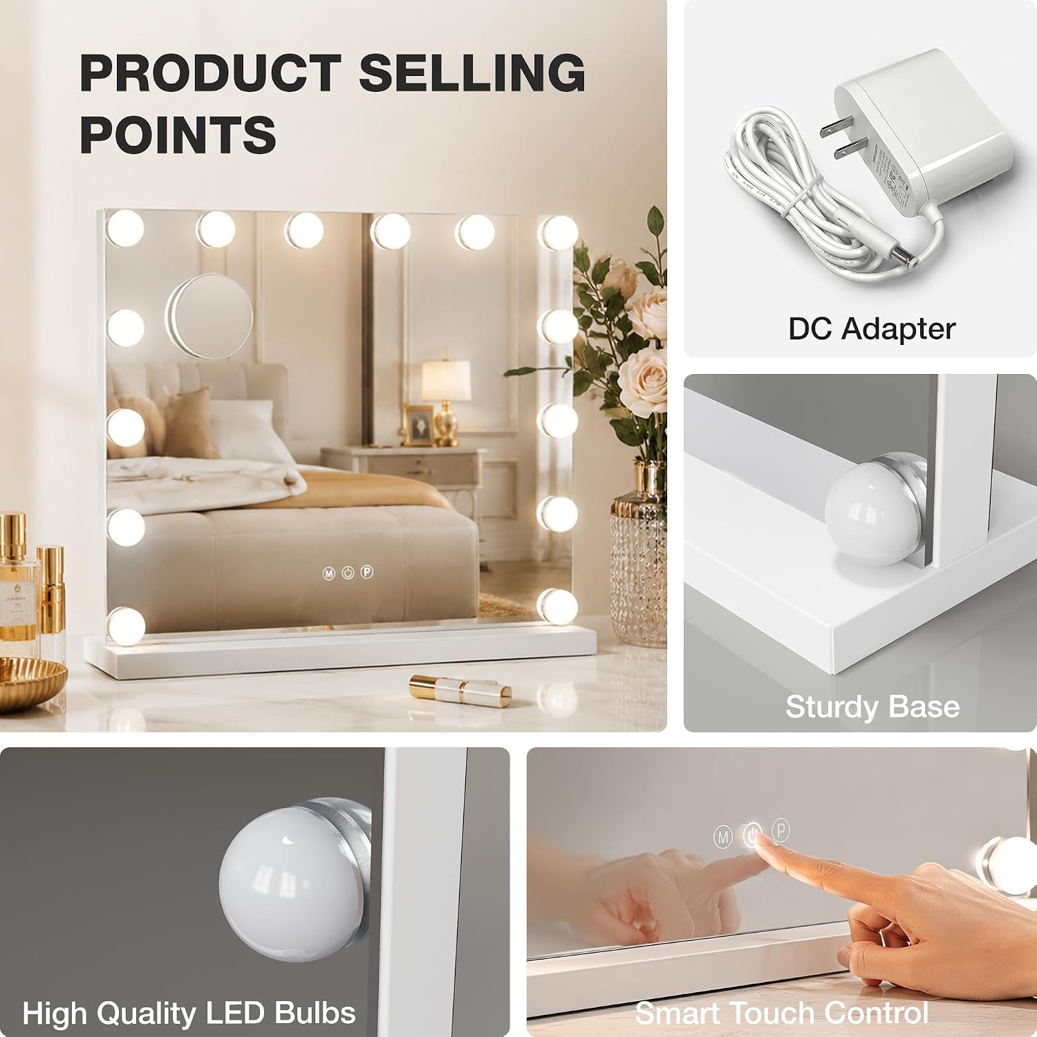 23"x19" Vanity Mirror with 3-Color Lights, 14-Bulb Dimmable, 10X