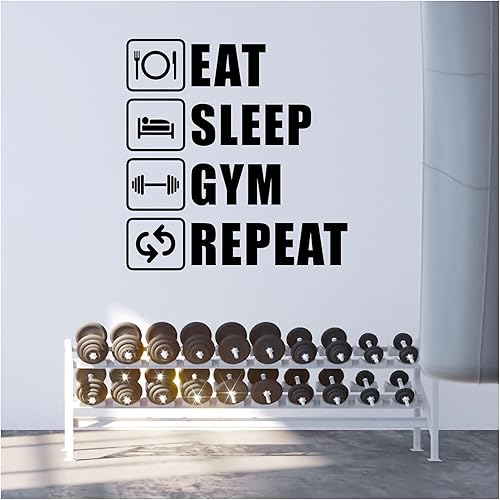 Eat Sleep Gym Repeat Wall Decal, Weightlifting Vinyl Stickers, Home Gym Décor, Choose From 30 Colors & Several Sizes