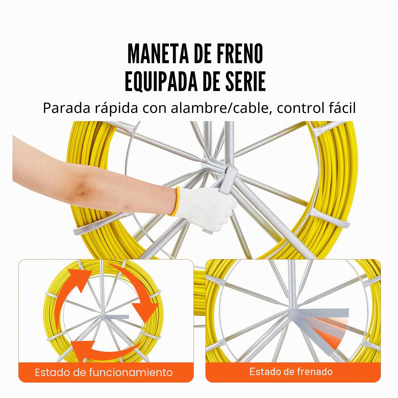 VEVOR Cinta de Fibra de Vidrio Longitud de 129,5 m 6,35 mm Tirando de Aguja Electricista de Alambre de Cable Eléctrico Extractor de Conducto Carrete de Acero de Apoyo 3 Cabezas de Tracción para Pared