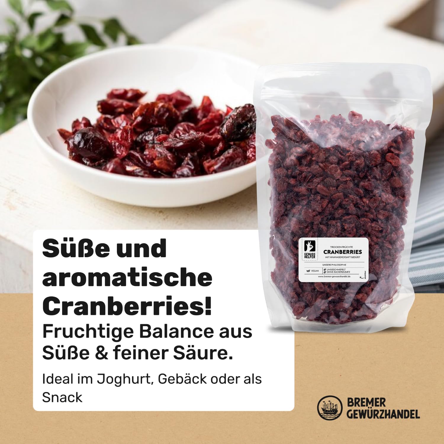 Bremer Gewürzhandel Cranberry getrocknet 1 Kg - aromatische Früchte mit Fruchtsaft, Cranberry, Cranberries, Cranberries getrocknet