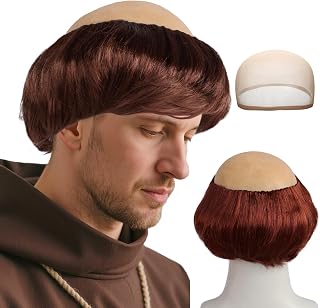 (Wig Cap + Brown Monk Wig with Bald Cap for Men Short Funny Synthetic Hair Cosplay Wigs for Adults Men's Straight Balding Monk Ugly Wigs for Halloween Costume Party Anime Outfit