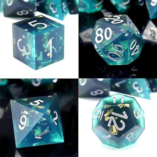 Miniatura 3 de DND - Juego de dados con bordes afilados, 7 piezas de dados DND de resina transparente azul, dados poliédricos D&D con estuche de dados para juegos