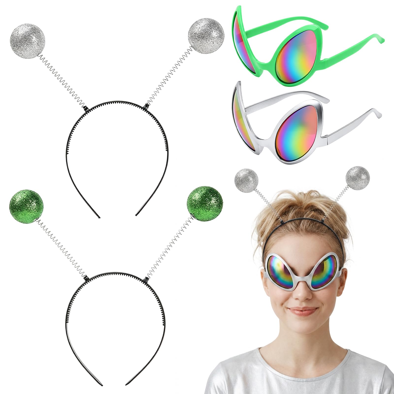 ZPSCXQ Alien Antenna Headband Rainbow Lens Sunglasses，4Pcs Alien Headband and Glasses Set for Halloween Cosplay Parties,Cosplay Events & Themed Celebrations