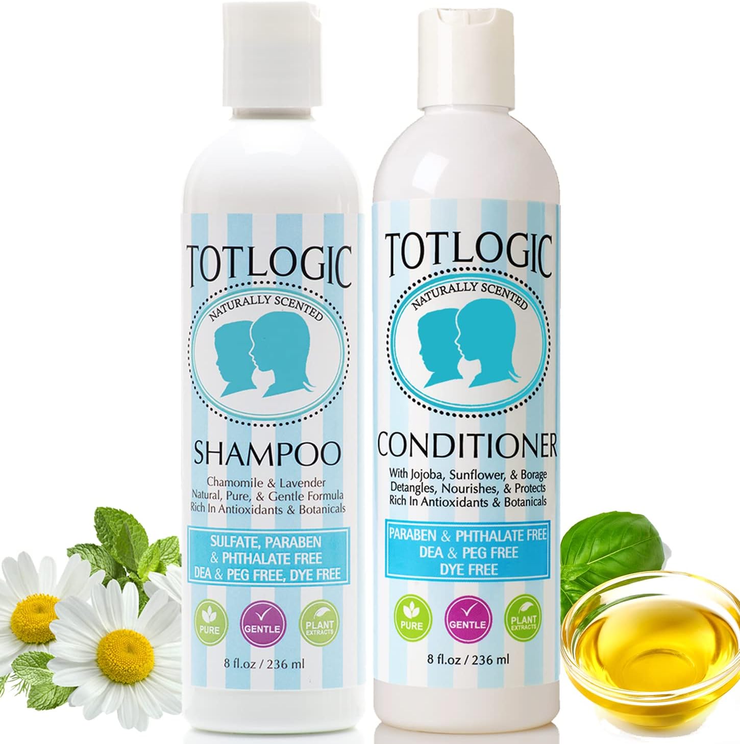 TotLogic Kids Shampoo & Conditioner Set - Sulfate and Paraben Free, Phthalate Free, Non-Toxic Plant Based Natural Formulas - Gentle & Hypoallergenic for Senstive Skin, Scented With Essential Oils