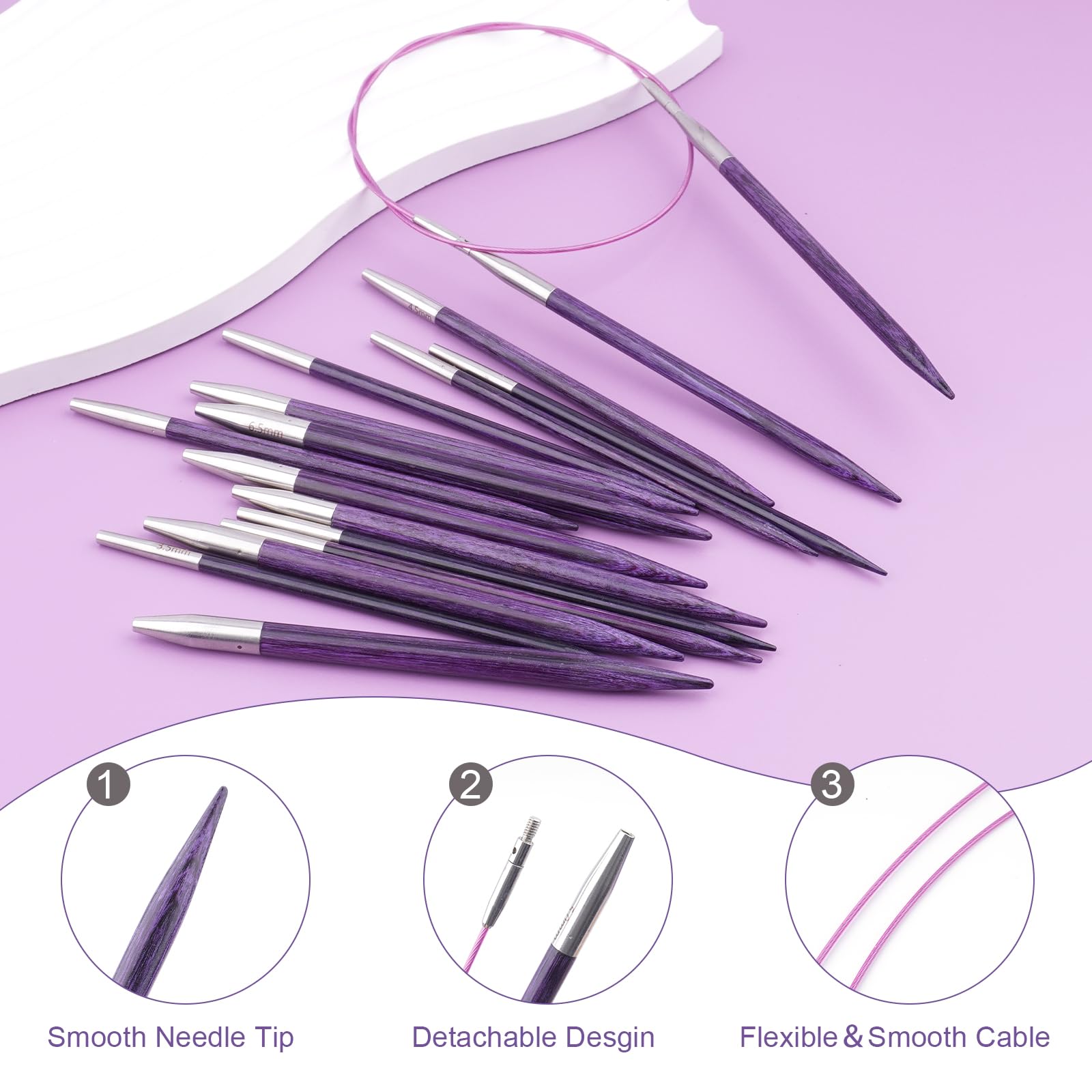 Hobekoee Austauschbares Rundstricknadel-Set | 8 Paar austauschbare Stricknadeln aus Birkenholz, 3,5 mm - 6,5 mm, mit Kabeln, Zubehör und Etui (lila)