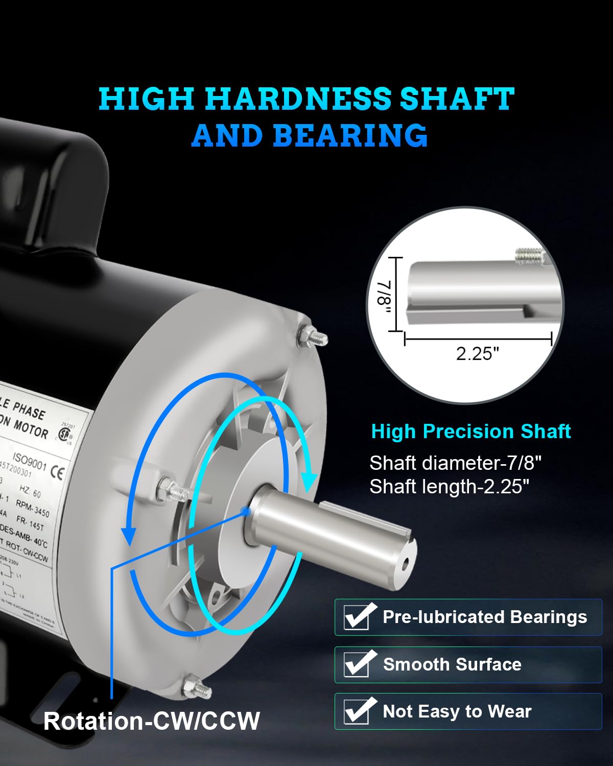 3HP Electric Motor, 3450 RPM Farm Duty Motor, Single Phase 145T Frame 230V 7/8" Shaft Diameter, 2.25" Shaft Length, 60HZ CW/CCW TEFC