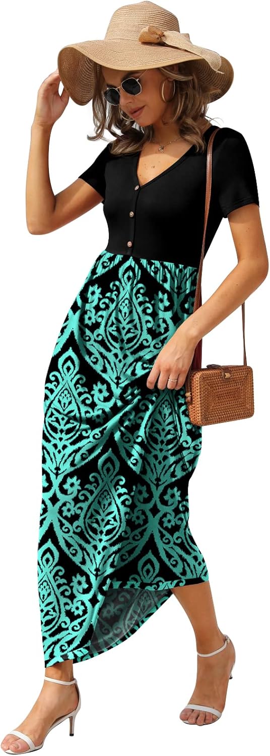 GRECERELLE Womens Summer Long Maxi Dresses 2026 Short Sleeve V Neck Casual Button Dress with Pockets - Image 3