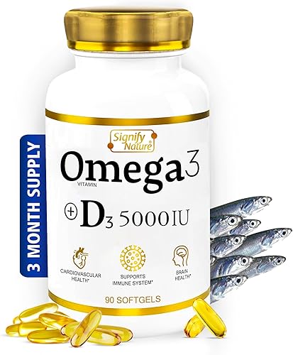 SIGNIFY NATURE Suplemento de aceite de pescado Omega 3 con vitamina D3 5000 UI - Cápsulas de triglicéridos de 1000 mg para la salud cerebral -