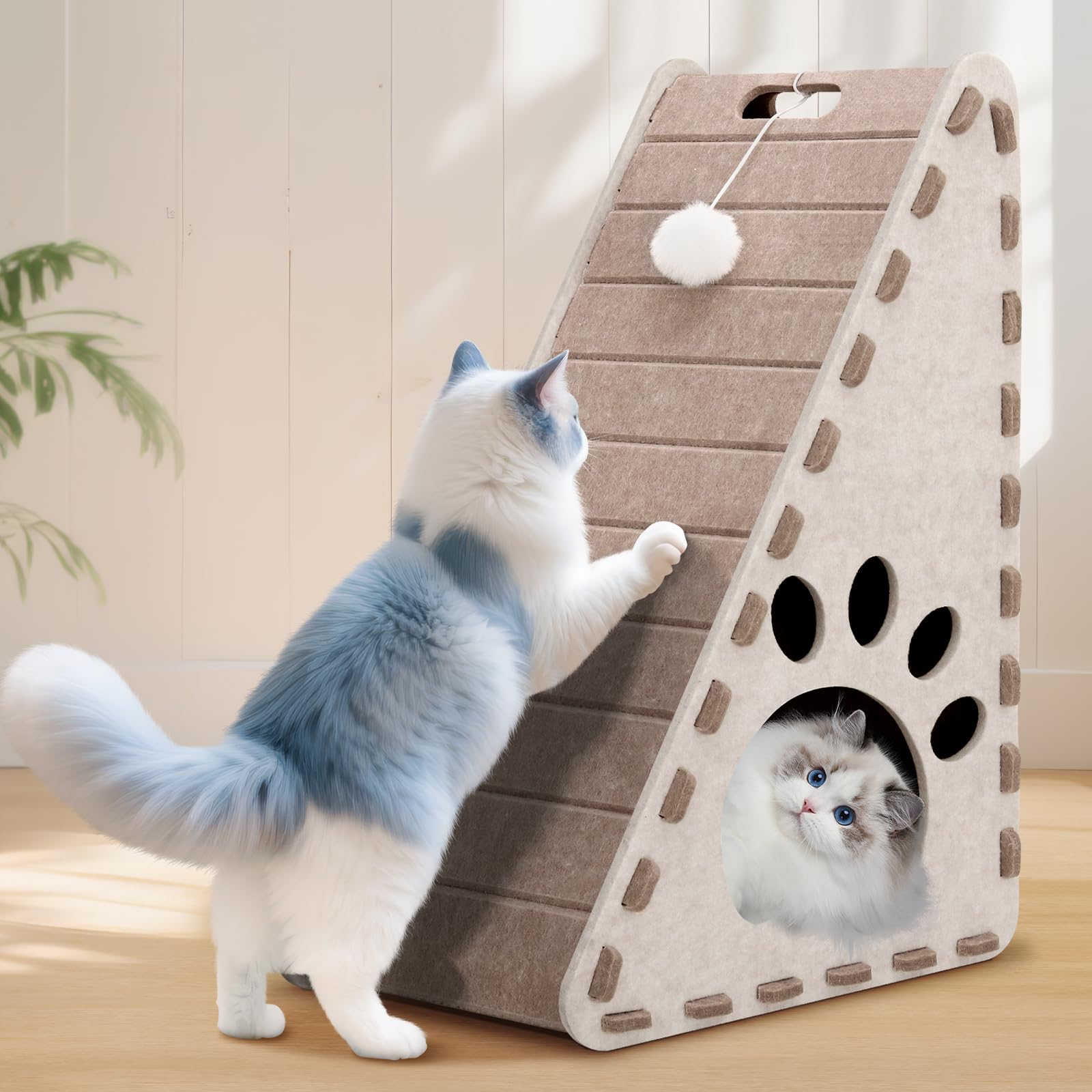 3 en 1 Rascador para gatos, rascar, jugar a descansar, fieltro triángulo casa de gato, fácil de limpiar (beige)
