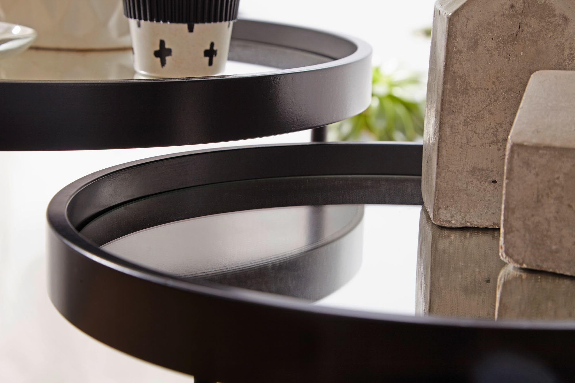 FineBuy Design Beistelltisch Rund Ø 50/36 cm - 2 teilig Schwarz mit Spiegel Glasplatte, Wohnzimmertisch 2er Set, Satztisch verspiegelt, Couchtisch