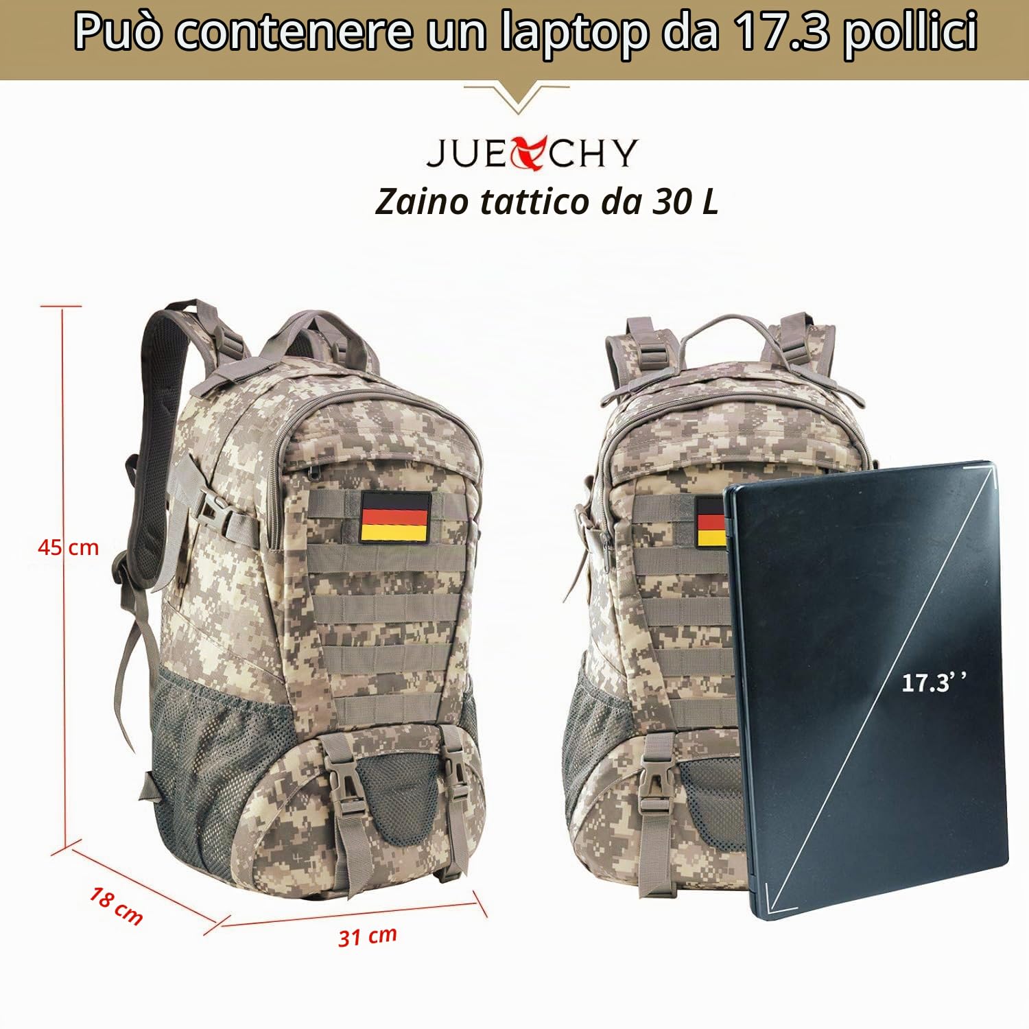 Jueachy Zaino militare da uomo, 30 l, impermeabile, Molle Tactical Backpack militare, grande capacità, zaino tattico per attività all'aria aperta, escursionismo, viaggi, campeggio