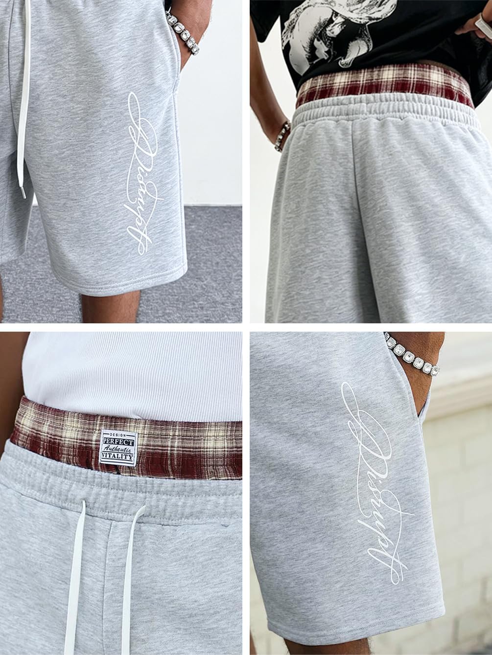 Double Waisted Baggy Sweat Shorts Men Gingham Y2K Sweat Jorts for Basketball Gym Hip Hop Grunge 2000s Streetwear