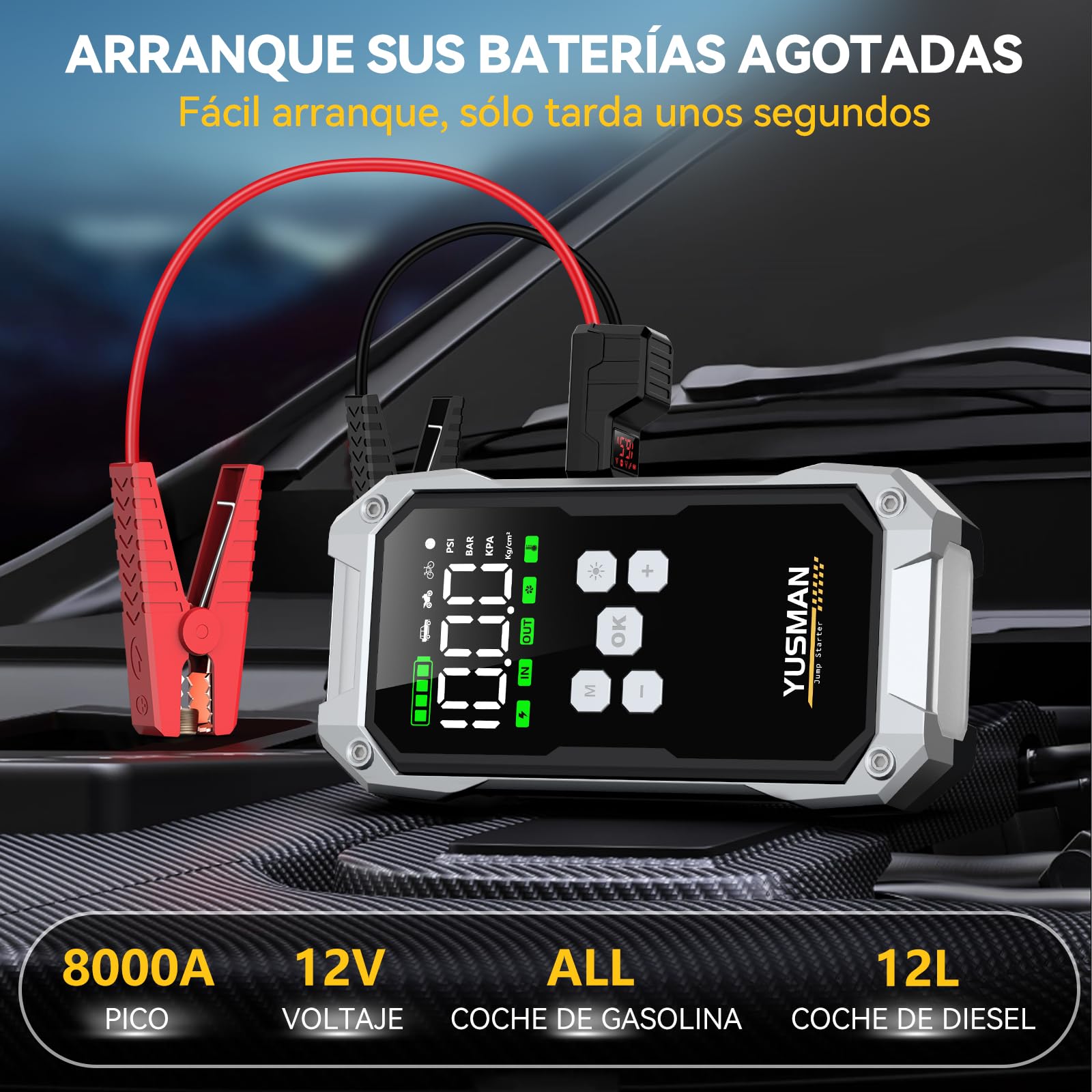 YUSMAN Arrancador de Baterias de Coche con Compresor de Aire, 12V 8000A Arrancador Coche Portatil con Inflador de 160 PSI (para All Gasolina o 10L Diesel), Linterna LED de Emergencia