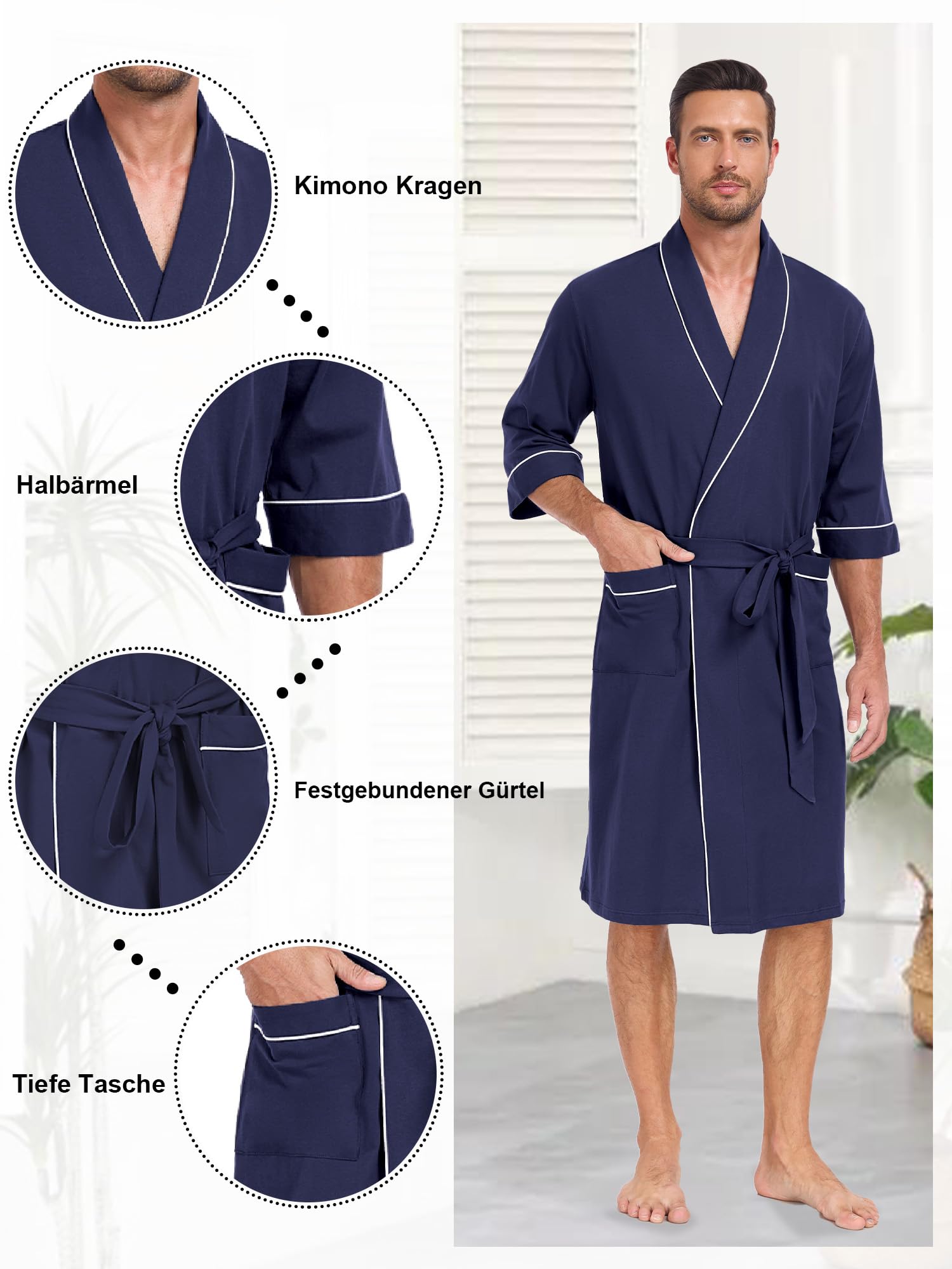 Herren Bademantel 100% Baumwolle Kurzarm Sommer Leicht mit Taschen