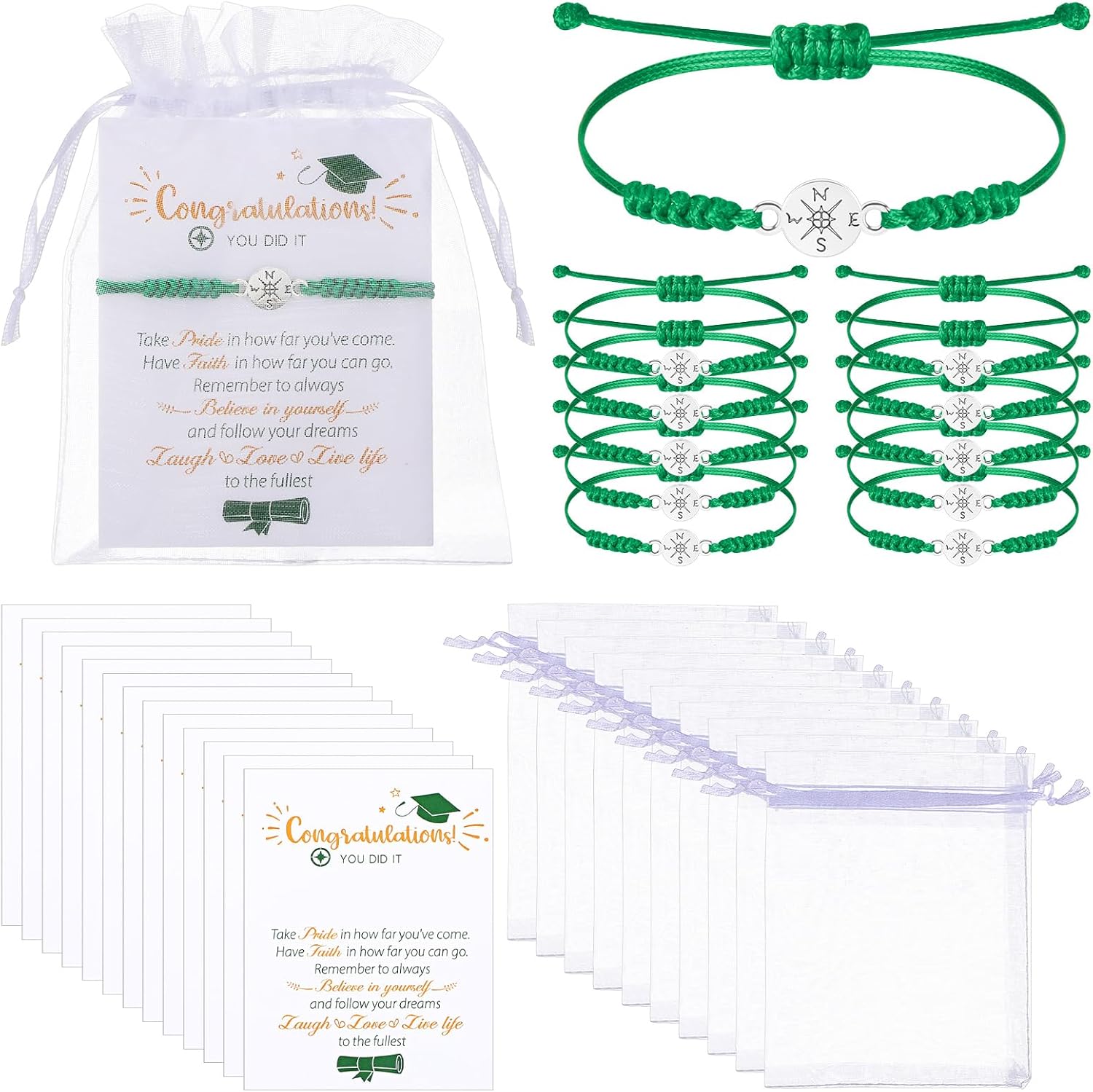 Sureio 60 Pcs Class of 2026 Graduation Bracelet Set 20 Compass Bracelets 20 Graduation Cards 20 Bags for College High School Elementary Pre K Senior Night Gifts