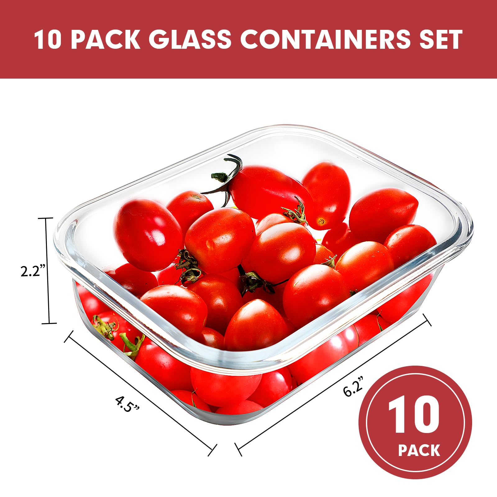 VERONES 10 Stück 625 ml Glas-Mahlzeiten-Vorbereitungsbehälter, luftdichtes Glas-Lunchbehälter-Set, Glas-Frischhaltedosen mit Deckel, exklusiv von BPA, für Mikrowelle, Backofen, Gefrierschrank und