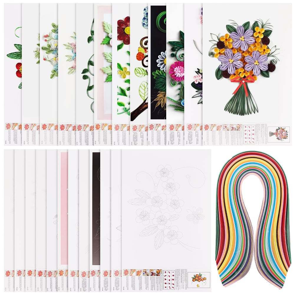 AHANDMAKER 12 Pcs Quilling Paper Stencils with 36 Colors 360 Strips Flower/Bird Pattern Cardboard DIY Paper Quilling Tools Drawing Handcraft Tool